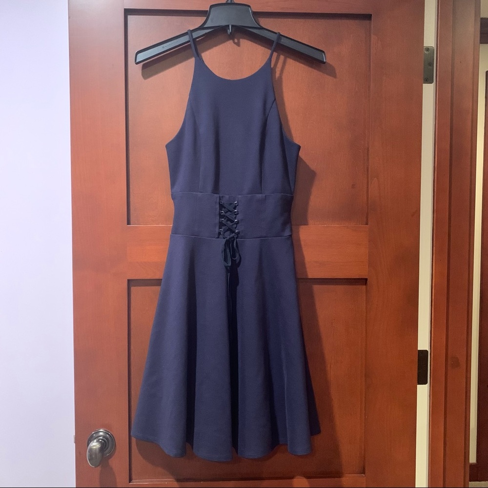 Aqua Navy Ponte Lace Up Tie Skater Dress Fit and Flare High Neck